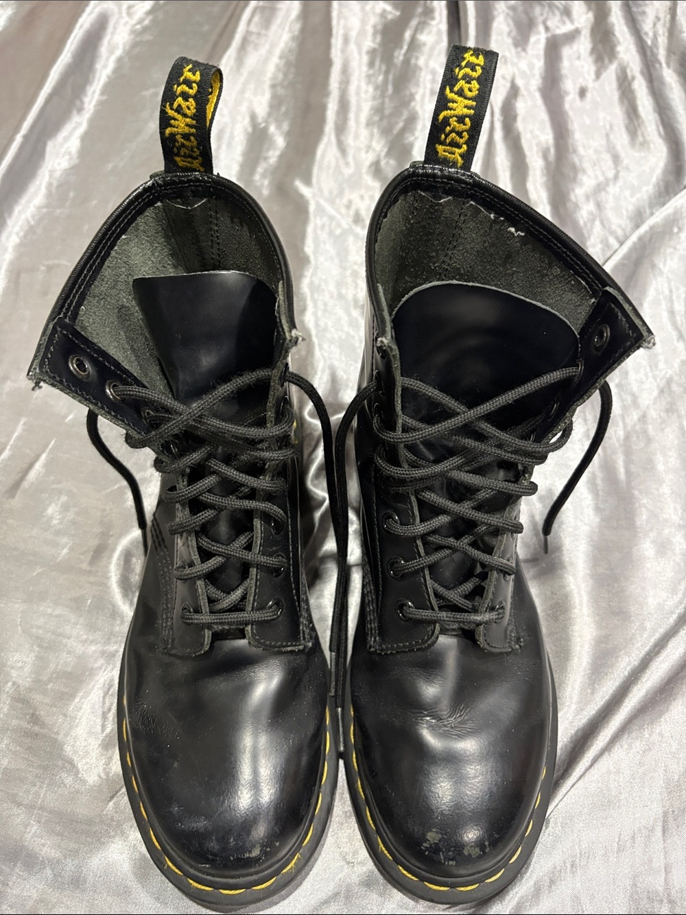 Dr. Martens Women's Black Leather Lace-Up Boots with Yellow Stitching